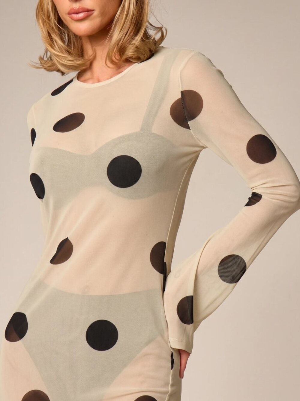 White Elegant Women's Polka Dot Extra-Long Sleeve Pencil Dress - Picture 3 of 5
